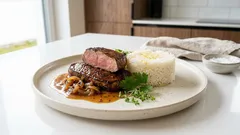 Hovězí roštěná na cibuli s hořčicí a kmínem – šťavnatá klasika s rýží