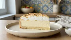 Slzy anděla: křehký tvarohový koláč se sněhem, na kterém se při chladnutí udělají kapičky