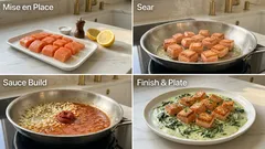 Lososové kostky na špenátu se smetanovým sýrem – rychlá večeře z pánve