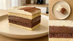 Macecha řezy na plech: dvoubarevné těsto, čokoládový pudink a krém ze zakysané smetany