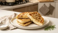 Nadýchané česnekové placky z kefíru plněné tvarohem a sýrem – hotové z pánve