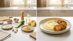 Cuketa v trojobalu s česnekem a jemnou bramborovou kaší – klasika, co nezklame