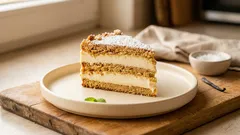 Nepečený vrstvený koláč z opečené drobenky a vanilkového krému, co drží tvar