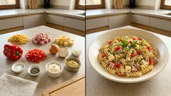 Těstovinový salát se šunkou, sýrem a paprikou – krémový díky hořčičné zálivce