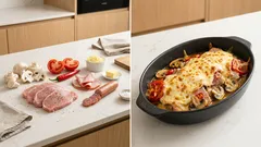 Hornické vepřové řízky na plechu: se žampiony, šunkou, klobásou a sýrem