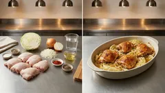 Pečená kuřecí stehna na zelí z jednoho pekáče: šťavnaté maso a křupavá kůže